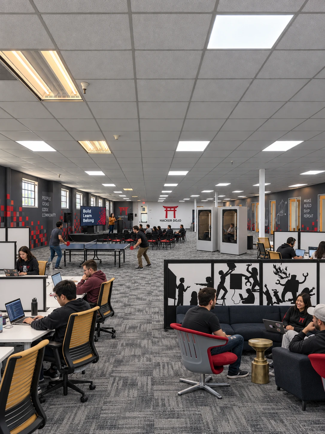 The same space imagined as Hacker Dojo, with desks, a stage, phone booths, lounge seating and members working