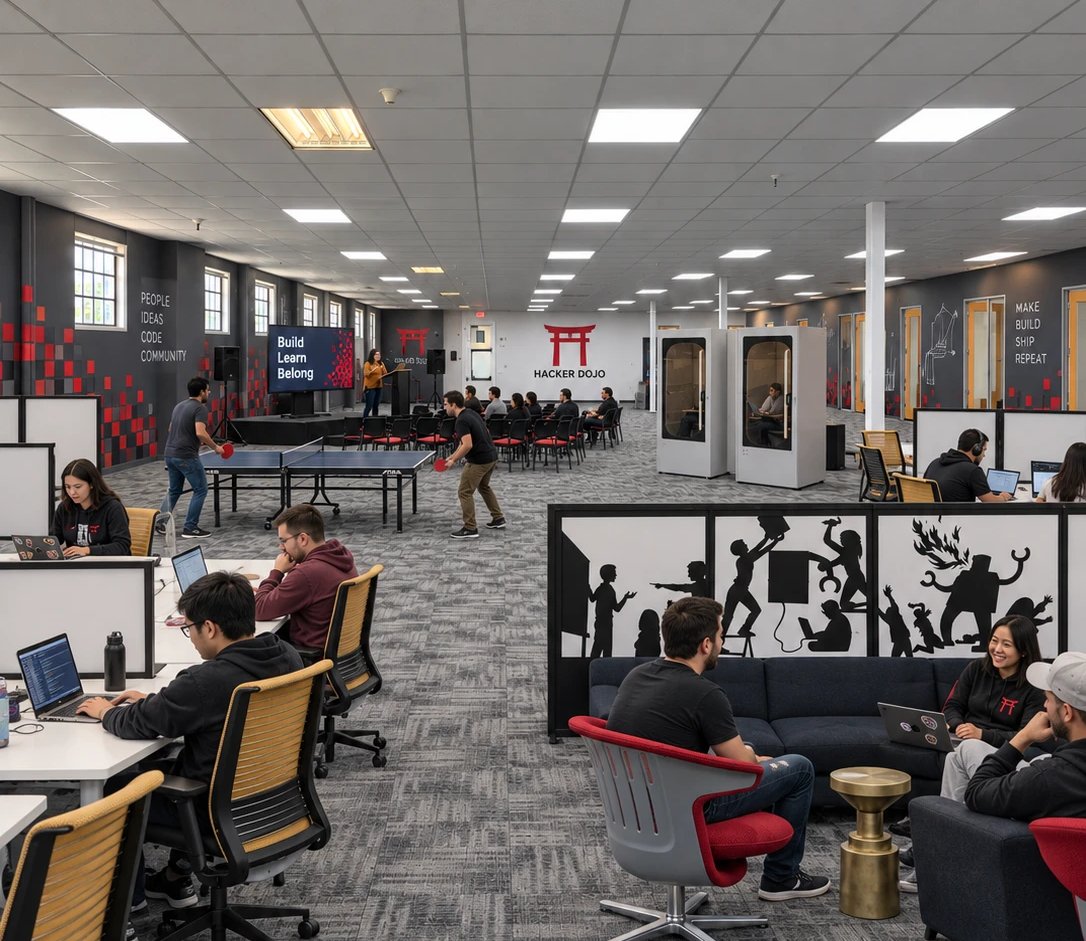 The same space imagined as Hacker Dojo, with desks, a stage, phone booths, lounge seating and members working